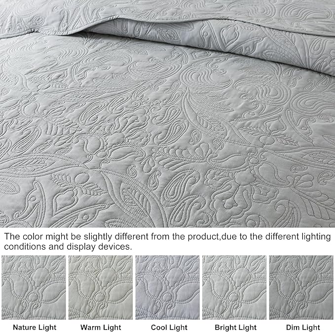 HoneiLife Quilt Set Queen Size - 3 Pieces Queen Quilt Bedding Set Microfiber Quilt Sets Lightweight Bedspreads Reversible Coverlets Retro Bed Cover Floral Bedding Set All Season Quilts-Light Grey