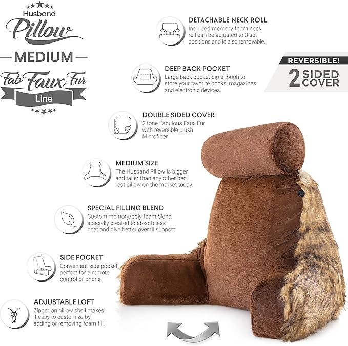 Husband Pillow Medium Limited Baby Brown Bear Fabulous Faux Fur Backrest, 2-Tone Reversible Double Sided Reading & Bed Rest Pillow with Arms & Neck Roll, Adjustable Memory Foam - Extremely Comfy