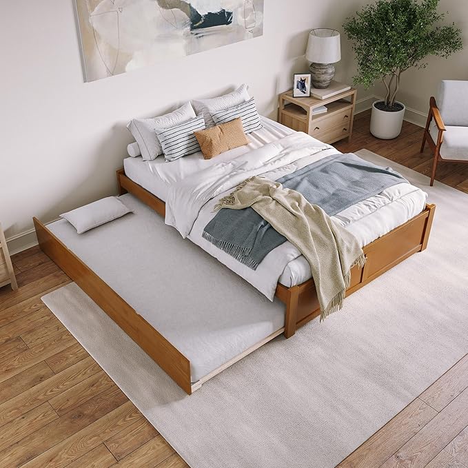 AFI Concord Queen Solid Wood Platform Bed with Footboard & Twin XL Trundle in Light Toffee
