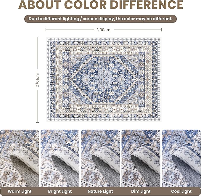 zesthome 2x3 Entryway Rug, Soft Washable Rugs, Non Slip Area Rug, Stain Resistant Low Pile Rugs for Bedroom, Vintage Rug for Door Mat, Kitchen (Blue/Beige,2'x3')
