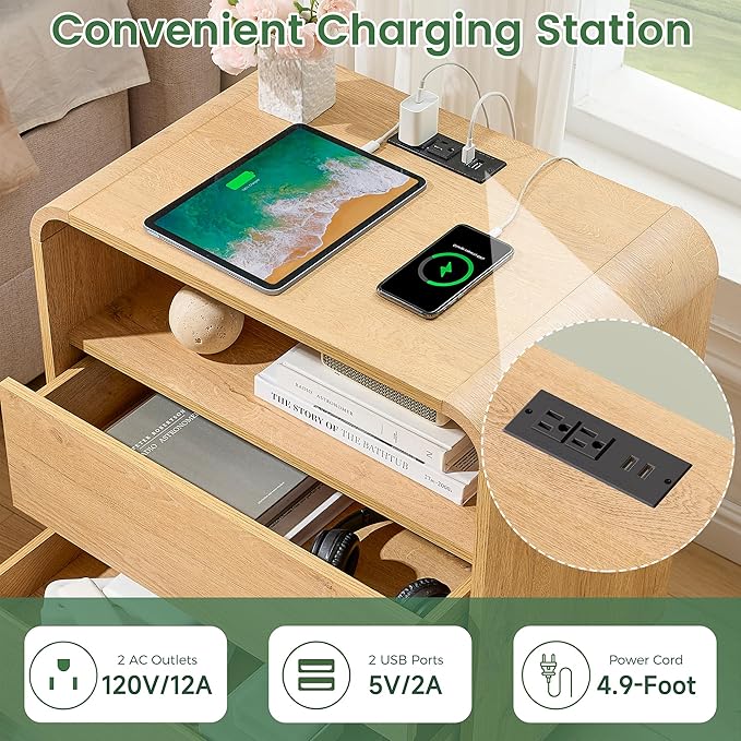 Curved Night Stand Set of 2, 23.2" Large Wood Farmhouse Nightstand with Charging Station & 2 Storage Drawers Bedside Table, Modern End Table for Bedroom, Living Room, Natural