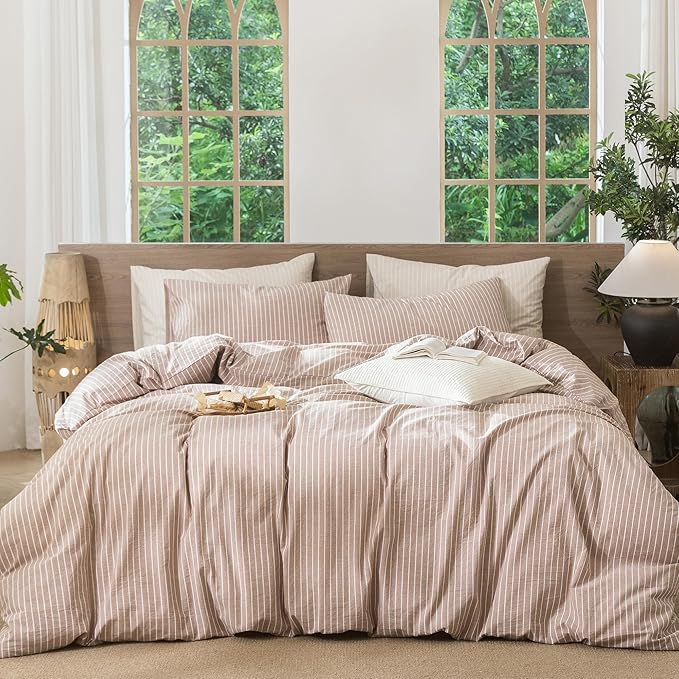 MooMee Striped Duvet Cover Set 100% Washed Cotton Linen Like Textured Breathable Durable Soft Comfy (Orange White Wide Stripes, Palatial King/Oversized King 120"x98")