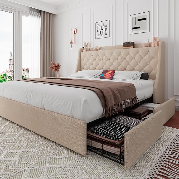 iPormis Full Size Bed Frame with 4 Storage Drawers, Upholstered Platform Bed Frame with Type-C & USB Ports, Wingback Storage Headboard, Solid Wood Slats, No Box Spring Needed, Beige
