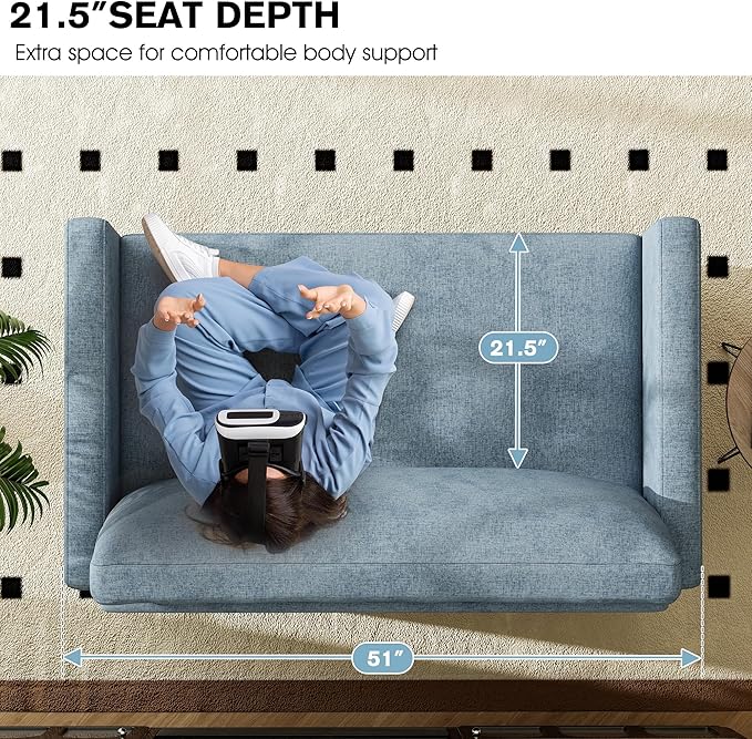 51" Loveseat Sleeper Sofa Bed, Chenille Convertible Floor Sofa Bed for Small Spaces, Folding Couch Bed with Deep Seat, 2 Pillows & Solid Frame, Pull Out Couch for Living Room, Light Blue