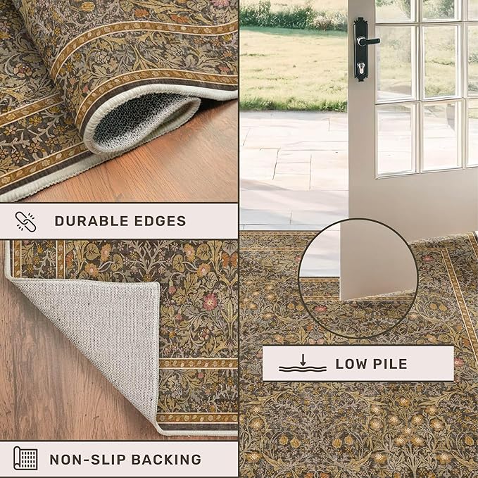 Non Slip 2x7 Gold Brown Kitchen Runner - Washable Long Runner Rugs for Bathroom, Hallway, Indoor Floor Mat, Bedroom Bedside - Brown Earthy Vintage Floral Décor