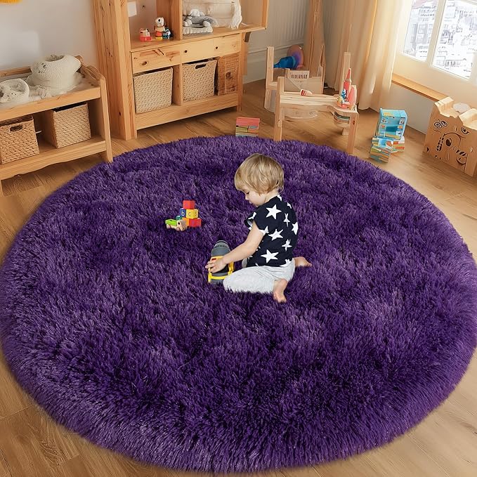 Round Purple Rug for Bedroom, 7 ft Circle Area Rugs for Living Room, Soft Large Fluffy Shag Carpet for Teen Girls Boys Nursery Room Dorm Home Decor Aesthetic