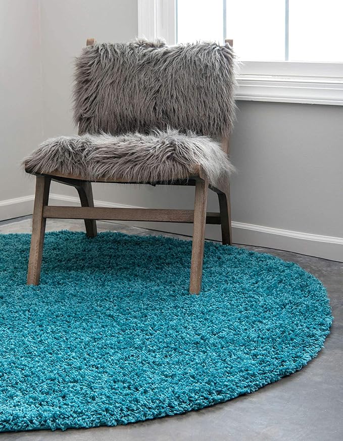 Unique Loom Solid Shag Collection Area Rug (8' Round, Deep Aqua Blue)