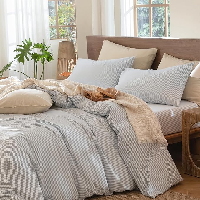 MooMee Striped Duvet Cover Set 100% Washed Cotton Linen Like Textured Breathable Durable Soft Comfy (Cornflower Blue White Pinstripes, Palatial King/Oversized King 120"x98")