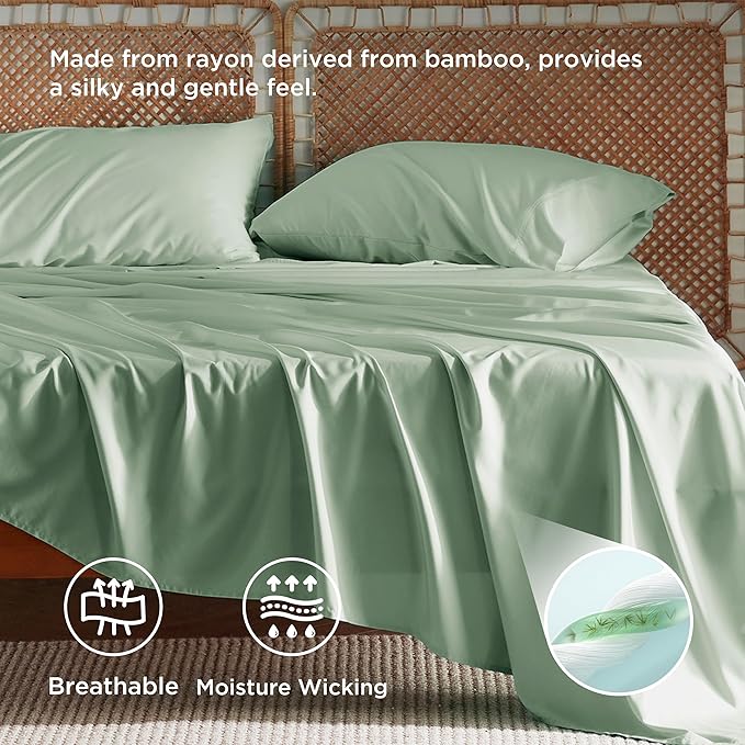 Bedsure California King Sheet Sets, Cooling Sheets, Rayon Derived from Bamboo, Breathable & Soft, Deep Pocket Up to 16 Inches, Hotel Luxury Silky Bedding for Hot Sleepers, Sage Green