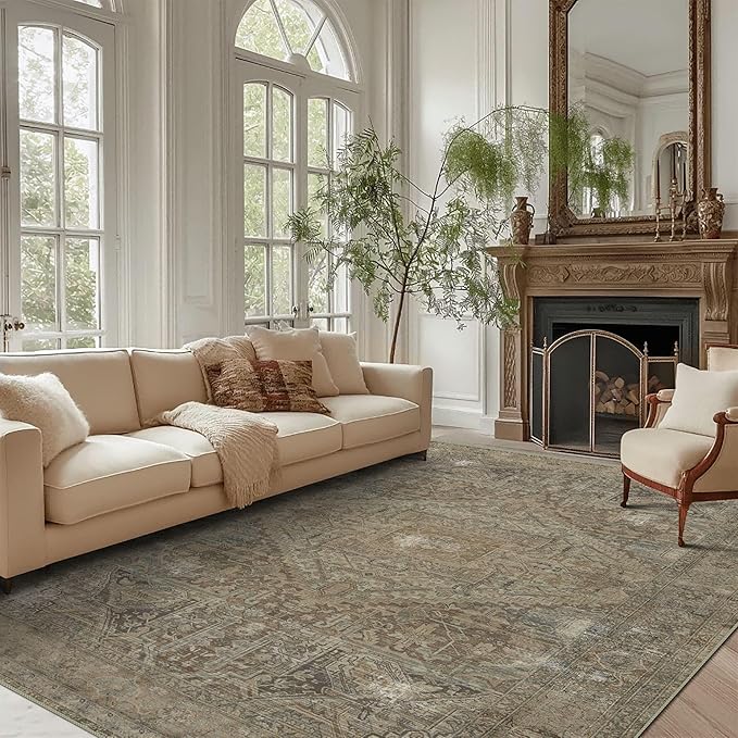 vivorug 6x9 Area Rugs, Ultra-Soft Washable Rug for Living Room Dinner Room Bedroom, Non-Slip Vintage Rug, Indoor Carpet Large Area Rug, Olive
