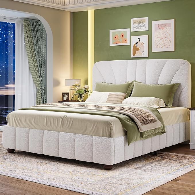 Queen Size Boucle Bed Frame Upholstered Bed Frame Queen with Adjustable Headboard, Solid Wood Slats Support, Bed for Bedroom Apartment, Dorm, No Box Spring Needed, Easy Assembly, Noise-Free, Cream
