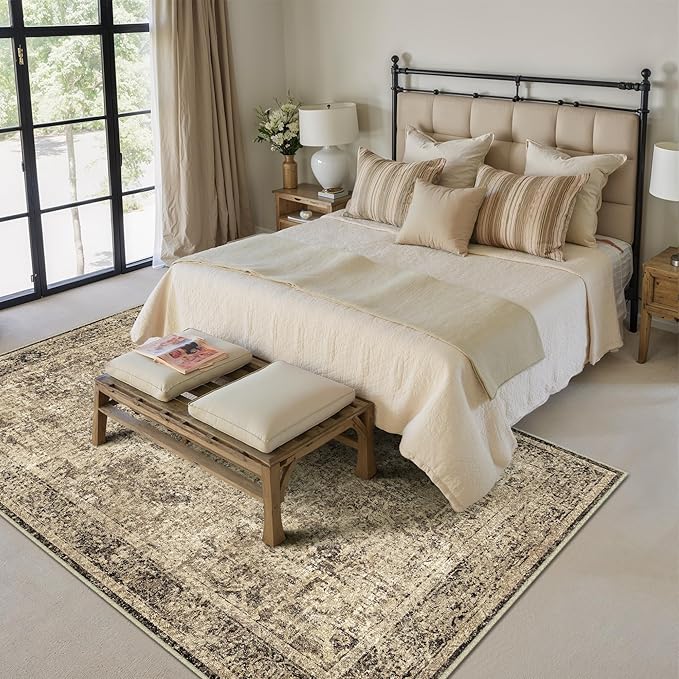 5x7 Area Rug Washable Vintage Neutral Living Room Carpet Large Indoor Non Slip Brown Bedroom Distressed Low Pile Retro Accent Throw Rug for Dining Room