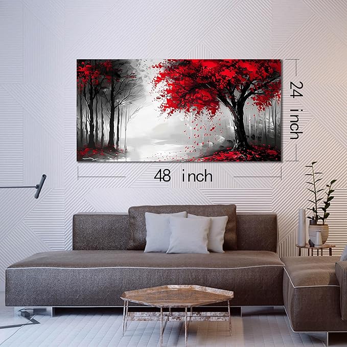 Large Canvas Wall Art for Living Room Black White and Red Forest Print Pictures Painting Framed Wall Decor for Bedroom Modern Home Plant Scenery Wall Decorations Artwork Size 24x48 Ready to Hang