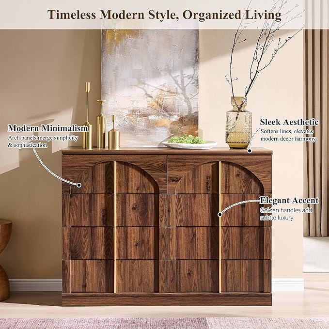 ACCOHOHO Large Dresser for Bedroom with 8 Drawers with Arched Panel,Modern Minimalist Chest of Drawers with Gold Handles,Wood Storage Closet Dressers Tv Stand for Living Room, Hallway,Brown