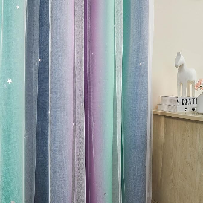 XiDi Curtains for Bedroom Decor, Rainbow Purplgreen grey34/54