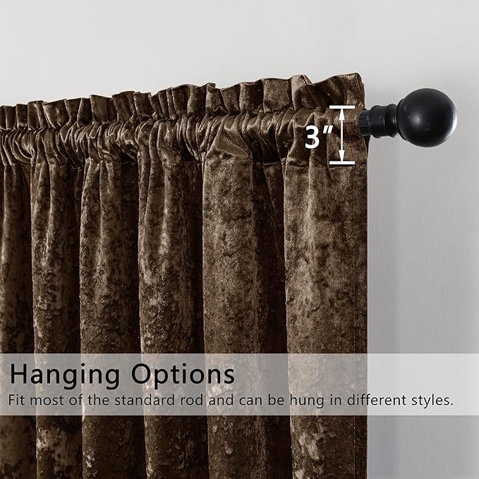 SMILETIME Chocolate Crushed Velvet Curtains 52x84inch Rod Pocket Luxurious Thermal Insulated Soundproof Drapes Soft and Durable Light-Filtering Window Treatments for Living Room Bedroom, 2 Panels