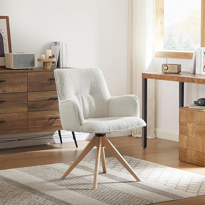Art Leon Mid Century Swivel Chair - Boucle Fabric Upholstered Desk Chair No Wheels, Accent Armchair with Oak Wood Legs for Small Space Living Room Bedroom, Set of 2, Off White
