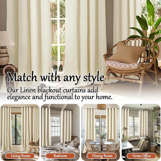Linen Blackout Curtains for Living Room Narrow Window, Thermal Insulated Complete Light Blocking Privacy Soundproof Small Curtains for Bedroom, Each 38 Inch Wide 80 Inch Length 2 Panels, Cream
