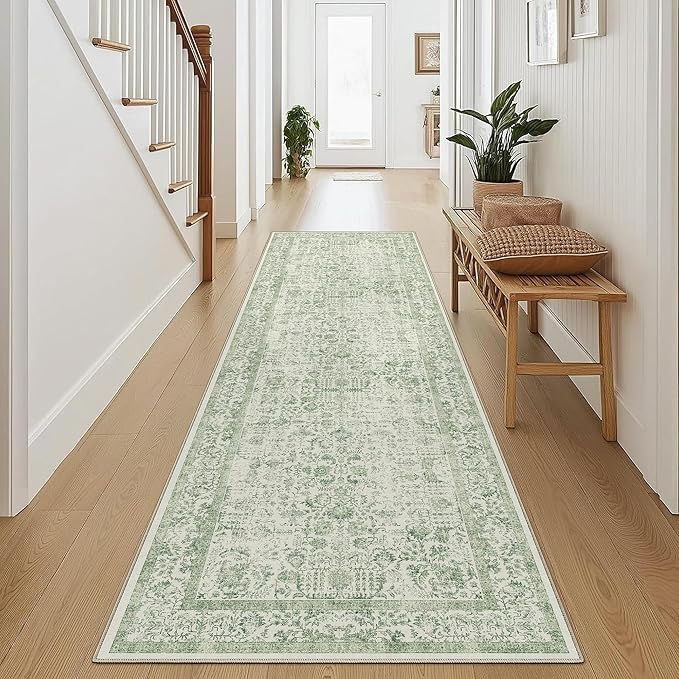 Runner Rug 2x8 Sage Green Hallway Washable Vintage Distressed Kitchen Carpet Non Slip Neutral Low Pile Retro Floral Farmhouse Long Throw Rug Entryway Bathroom Office Laundry Dining Room