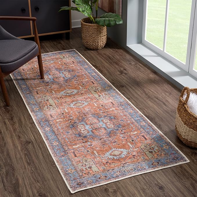 Bloom Rugs Washable 7 ft Runner - Terracotta/Blue Traditional Runner for Entryway, Hallway, Bathroom, and Kitchen - Exact Size: 2.5' x 7'