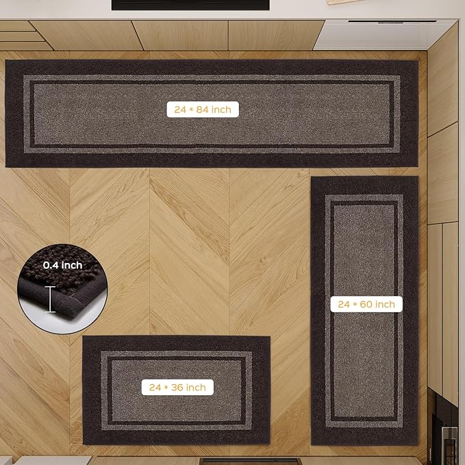 Kitchen Rugs Set (24" x 36"+24" x 60"), Non-Slip Machine Washable Kitchen Runner Rugs Floor Mats, Absorbent Comfort Standing Mat for Kitchen, Sink and Hallway, Rolled Packaging, Grayish Brown & Coffee