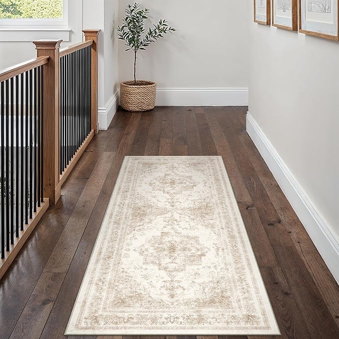 Runner Rug 2x6 Cream Hallway Washable Beige Carpet Non Slip Vintage Medallion Beige Carpet Low Pile Soft Distressed Retro Indoor Long Rug for Entryway Kitchen Bathroom Laundry Bedroom