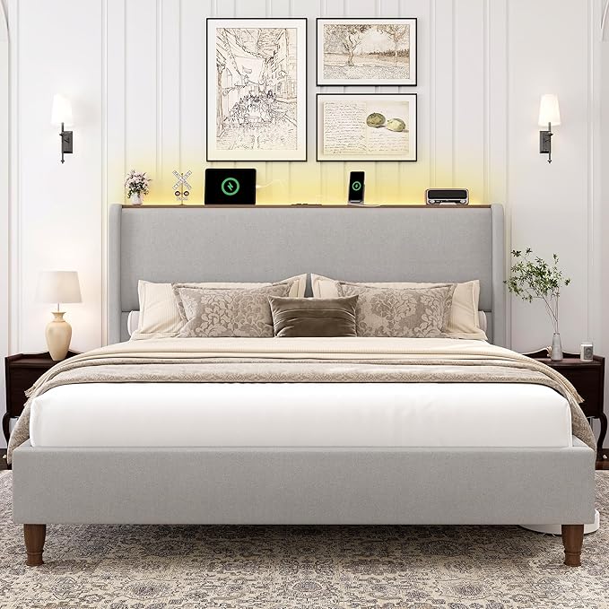 LARMACE Queen Size Bed Frame with LED Lights and Charging Station Linen Upholstered Platform Bed Frame with 51.2" Tall Wingback Headboard and Storage Shelf, No Box Spring Needed, Easy Assembly, Grey