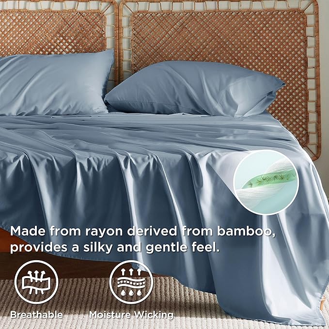 Bedsure California King Sheet Sets, Cooling Sheets, Rayon Derived from Bamboo, Breathable & Soft, Deep Pocket Up to 16 Inches, Hotel Luxury Silky Bedding for Hot Sleepers, Dusty Blue