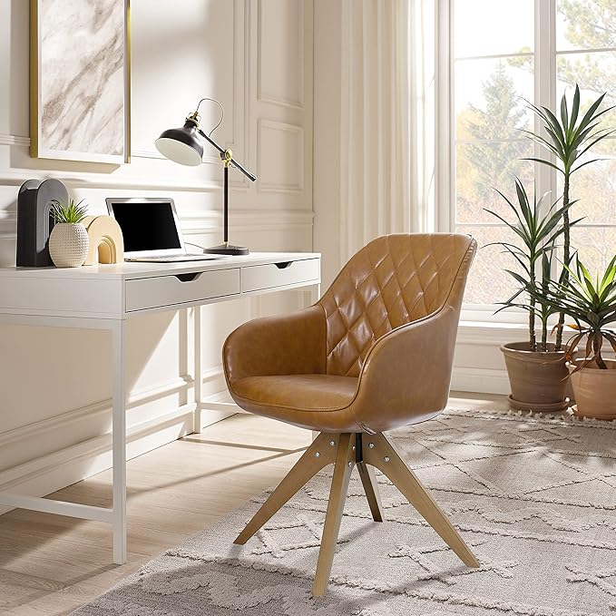 Zouron Mid Century Modern Accent Chair with Wooden Legs, Upholstered Swivel Chair No Wheels, Side Accent Armchair Vanity Chair for Small Space Home Office Living Room Bedroom, Claybank