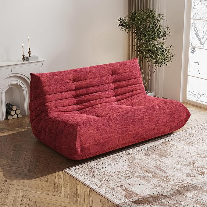 Bean Bag Chair Loveseat, 2 Seater, Red, Teddy Fabric, Modern, L-Shaped, Adults & Teens, Living Room & Bedroom