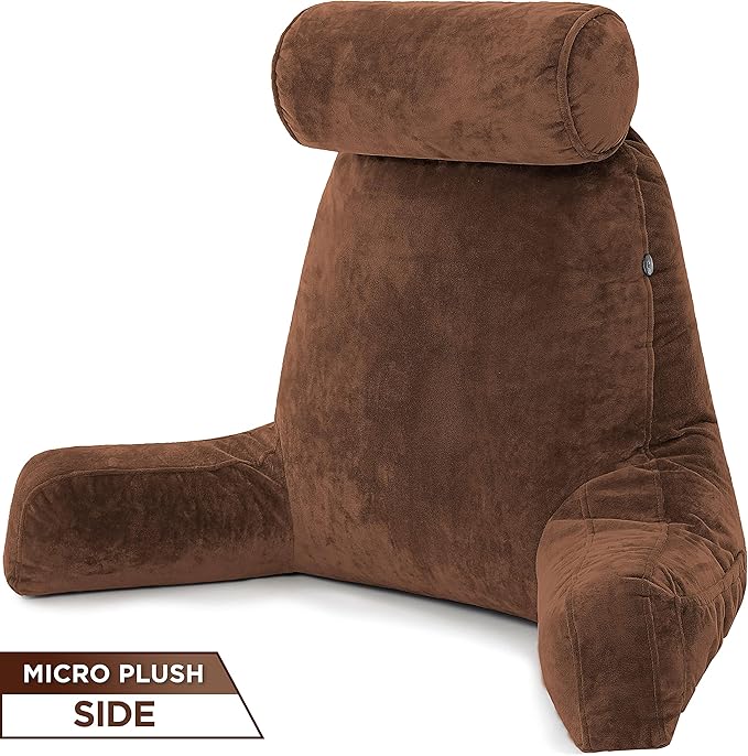 Husband Pillow XXL Aspen Edition, Adult Reading Sit Up Bed Rest Pillow for Bed with Arms & Neck Roll on Bungee Cord - Premium Memory Foam - Reversible 2 Sided Cover Micro Suede or Plush, Saddle Brown