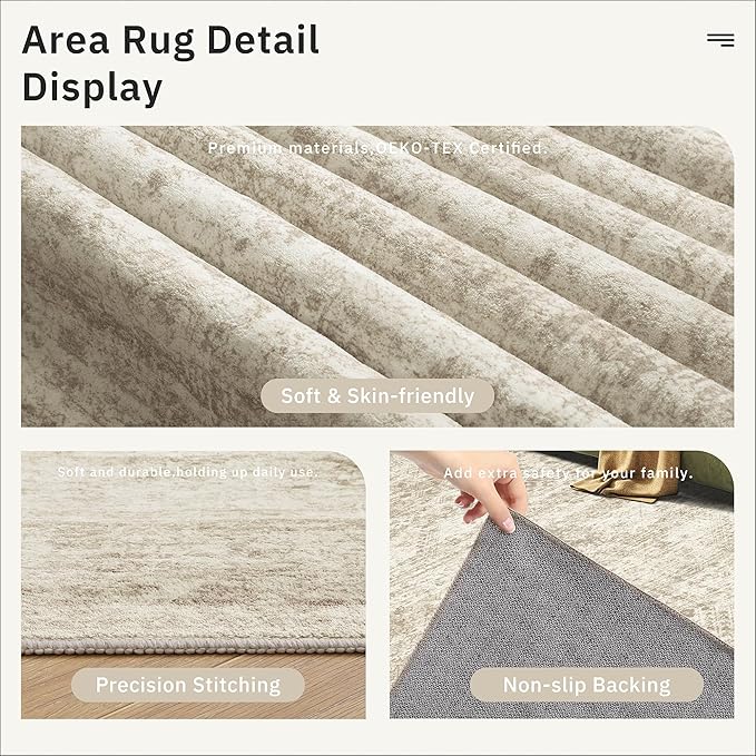 10x14 Area Rugs for Living Room, Non Slip Machine Washable Vintage Rugs, Low Pile Lightweight Large Rug for Bedroom, Dining Room, Home Office Beige