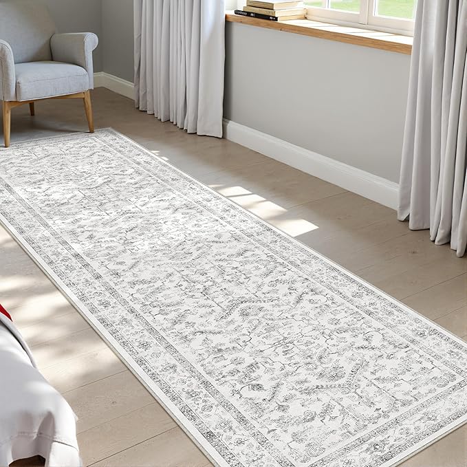 Grey 2x8 Runner Rug Vintage Area Carpet Hallway Indoor Kitchen Washable Low Pile Traditional Distressed Retro Accent Throw Rug Non Slip for Laundry Bathroom Office