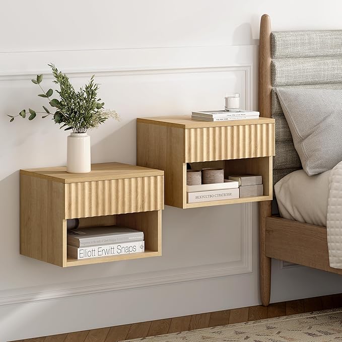 Floating Nightstand with Drawer, Modern Small Night Stand with Fluted Door and Open Storage Shelf Wall Mounted Bedside Table for Bedroom, Entryway Natural Oak