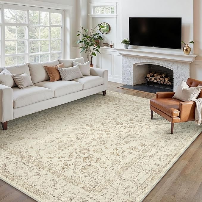 8x10 Brown Area Rug Non Slip Large Vintage Living Room Distressed Machine Washable Carpet Traditional Indoor Bedroom Brown Retro Floral Accent Throw Rug for Office Kitchen Dorm Dining Room