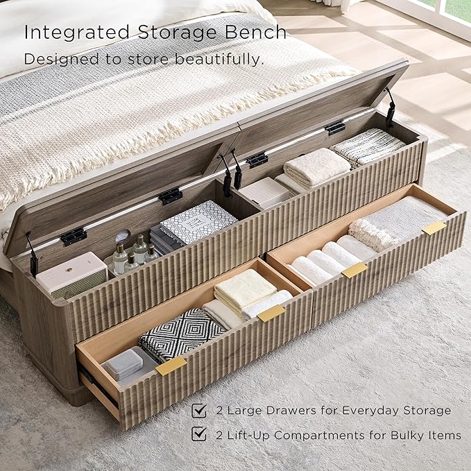 T4TREAM Fluted Queen Size Bed Frame with Wingback Headboard, Footboard Storage Bench with Built-in Drawers & Lift-Up Compartments, Wood & Steel Platform Bed, No Box Spring Needed, Grey Alder