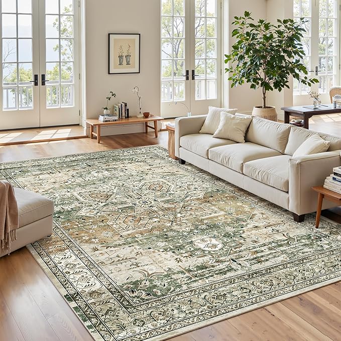 5x7 Area Rugs Low Pile Indoor Washable Trendy Faded Style Rugs for Bedroom Living Room Dining Room Foldable Non-Slip Thin Print Mat Green Olive Beige