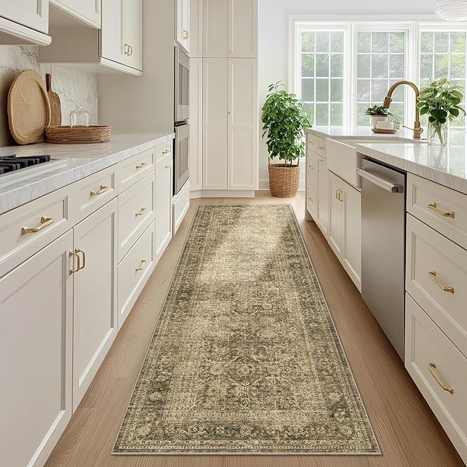 FMFUNCTEX 3x12 Runner Rug Brown Washable Vintage Neutral Distressed Non Slip Low Pile Indoor Carpet Soft Retro Floral Hallway Entryway Rug for Kitchen Living Room Bedroom Bathroom Laundry Bedside