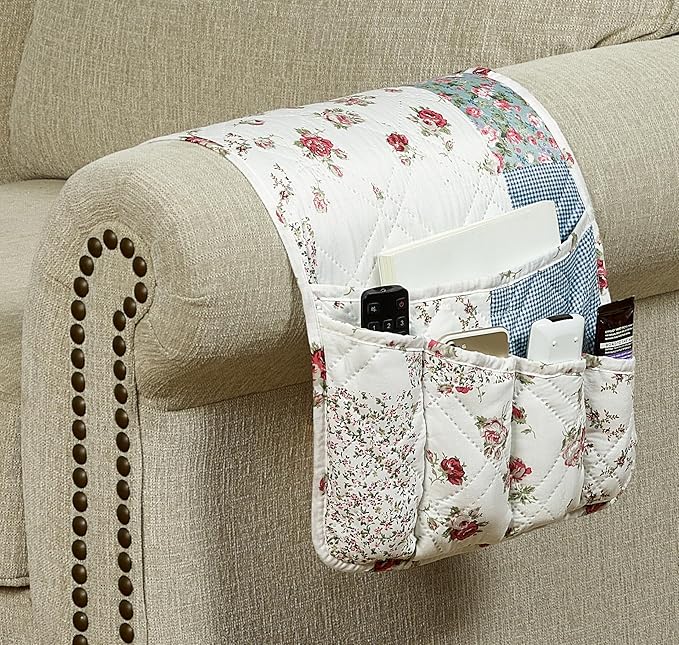 Brilliant Sunshine Pink Rose Patchwork Couch Armrest 5 Pockets Organizer, Slip Resistant Recliner Armchair Caddy, Washable Remote Controls Holder, Storage for Magazine, Tablet, Phone, iPad, Pink Blue
