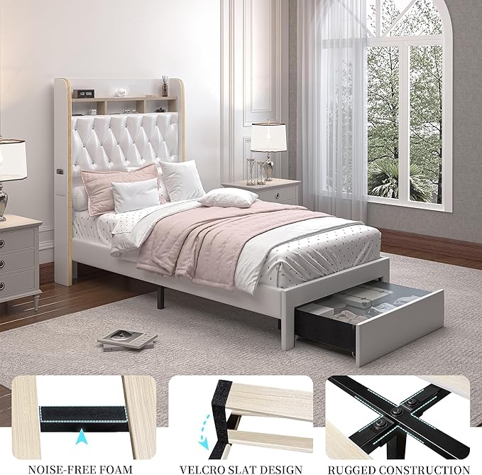 Twin LED Bed Frame with Storage Drawer, PU Upholstered Platform Beds with Galaxy Star Projector and Speaker, Aurora Bedframe with 2-Tier Storage Headboard for Small Bedroom Apartment, White