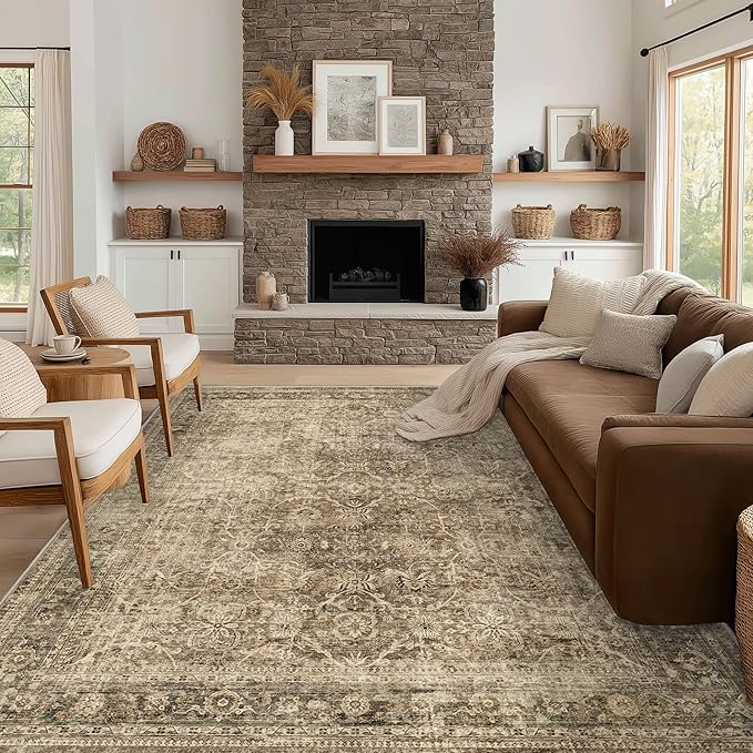 FMFUNCTEX 10x12 Washable Area Rug Brown Vintage Neutral Distressed Large Non Slip Carpet for Living Room Bedroom Soft Low Pile Indoor Mat Retro Floral Throw Rug for Dining Room Kitchen Office Nursery