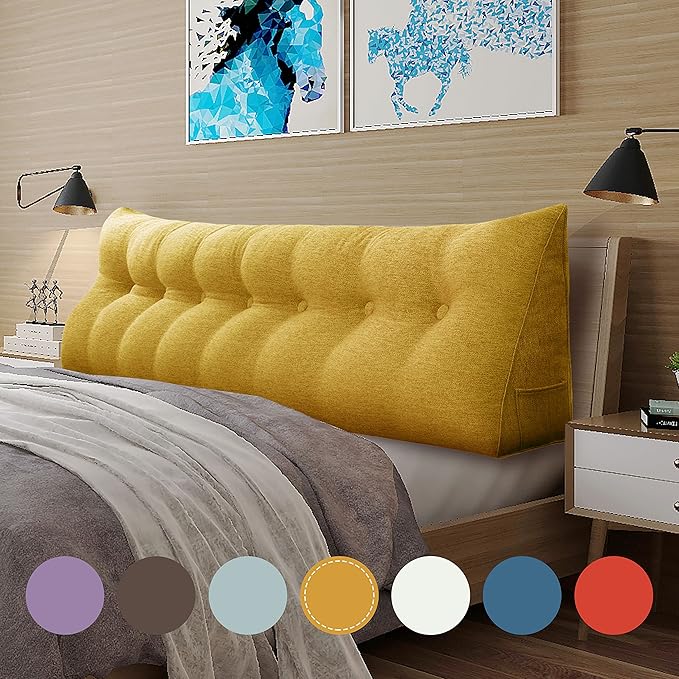 homecozy Wedge Headboard Pillow Dorm Room Reading Pillow Back Support for Sitting Up in Bed Bolster Lumbar Cushion Body Positioning Bedrest Gifts for Mom Cotton Linen 76in Yellow King