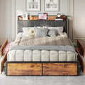 LIKIMIO Queen Bed Frame with 4 Storage Drawers, Platform Bed with Charged Headboard, Sturdy and Stable, No Noise, No Box Spring Needed, Easy to Install, Vintage Brown and Gray