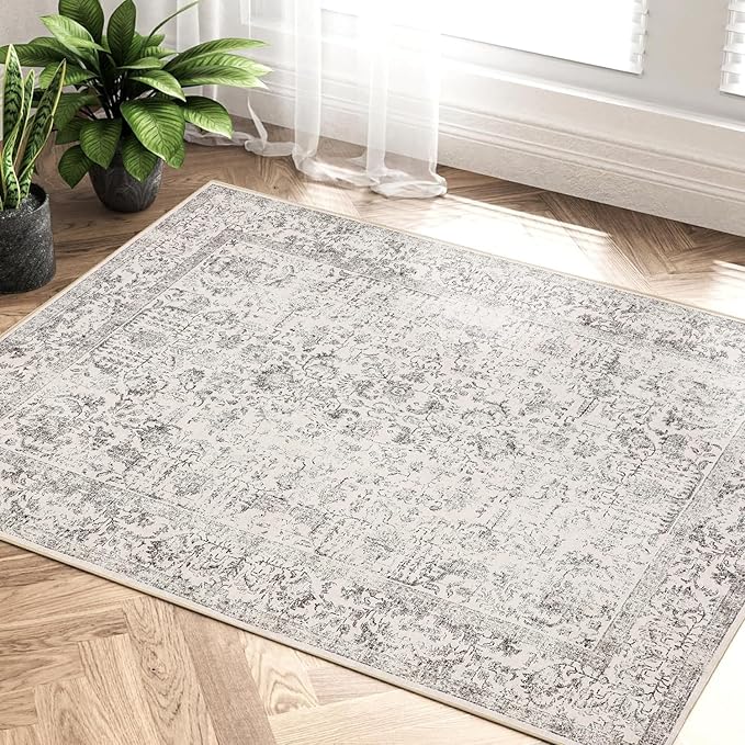 Gray Entryway Area Rug 2x3 Door Mat Machine Washable Kitchen Vintage Distressed Non Slip Carpet Indoor Grey Retro Floral Accent Throw Small Rug for Bathroom Office Bedroom Dining Living Room