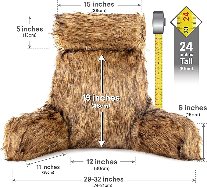 Husband Pillow Medium Limited Baby Brown Bear Fabulous Faux Fur Backrest, 2-Tone Reversible Double Sided Reading & Bed Rest Pillow with Arms & Neck Roll, Adjustable Memory Foam - Extremely Comfy