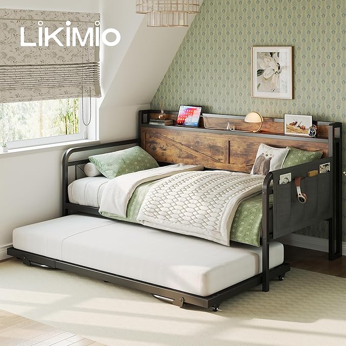 LIKIMIO Twin Daybed with Trundle Bed, Storage Headboard with Charging Station, Sofa Day Bed with Strong Supports for Living Room, Bedroom, and Guest Room, Industrial Brown