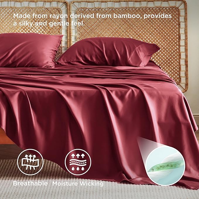Bedsure California King Sheet Sets, Cooling Sheets, Rayon Derived from Bamboo, Breathable & Soft, Deep Pocket Up to 16 Inches, Hotel Luxury Silky Bedding for Hot Sleepers, Burgundy