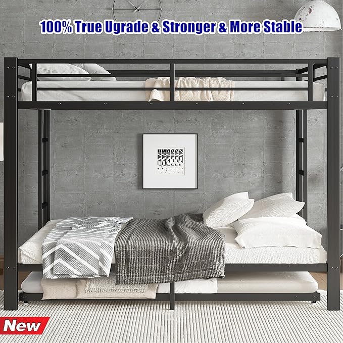 Higher Quality & Stronger Metal Bunk Bed Queen Over Queen Size Bunkbed Frame, Thickened Heavy Duty More Stable Steel Bunk Bed with Twin Size Trundle (Queen Over Queen)