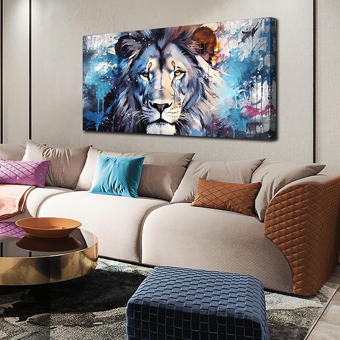 ENTANUB Lion Canvas Wall Art for Living Room, Blue Print Painting for Bedroom, Animal Picture Decor, Large Size 48x24 Inches