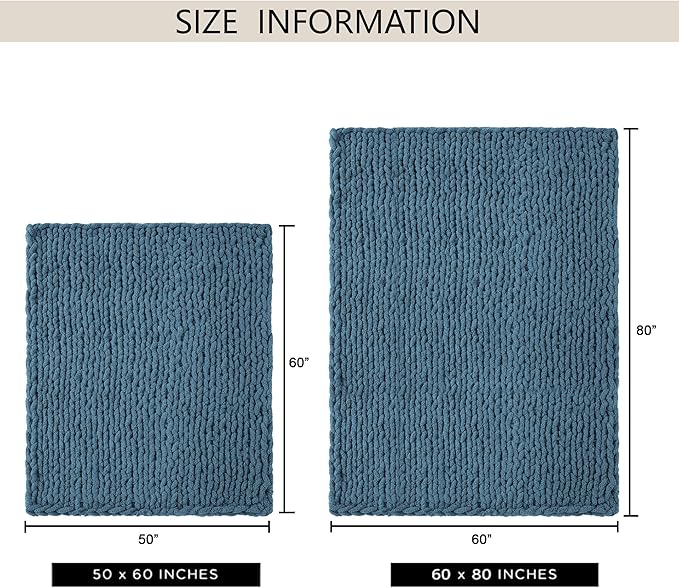 Chunky Knit Throw Blanket 50"X 60", 100% Handmade with Soft Chenille Yarn, 4.4lbs Thick Cable Knitted Blankets, Large Rope Knot Crochet Throws for Couch Sofa Bed Home Decor, Mineral Blue